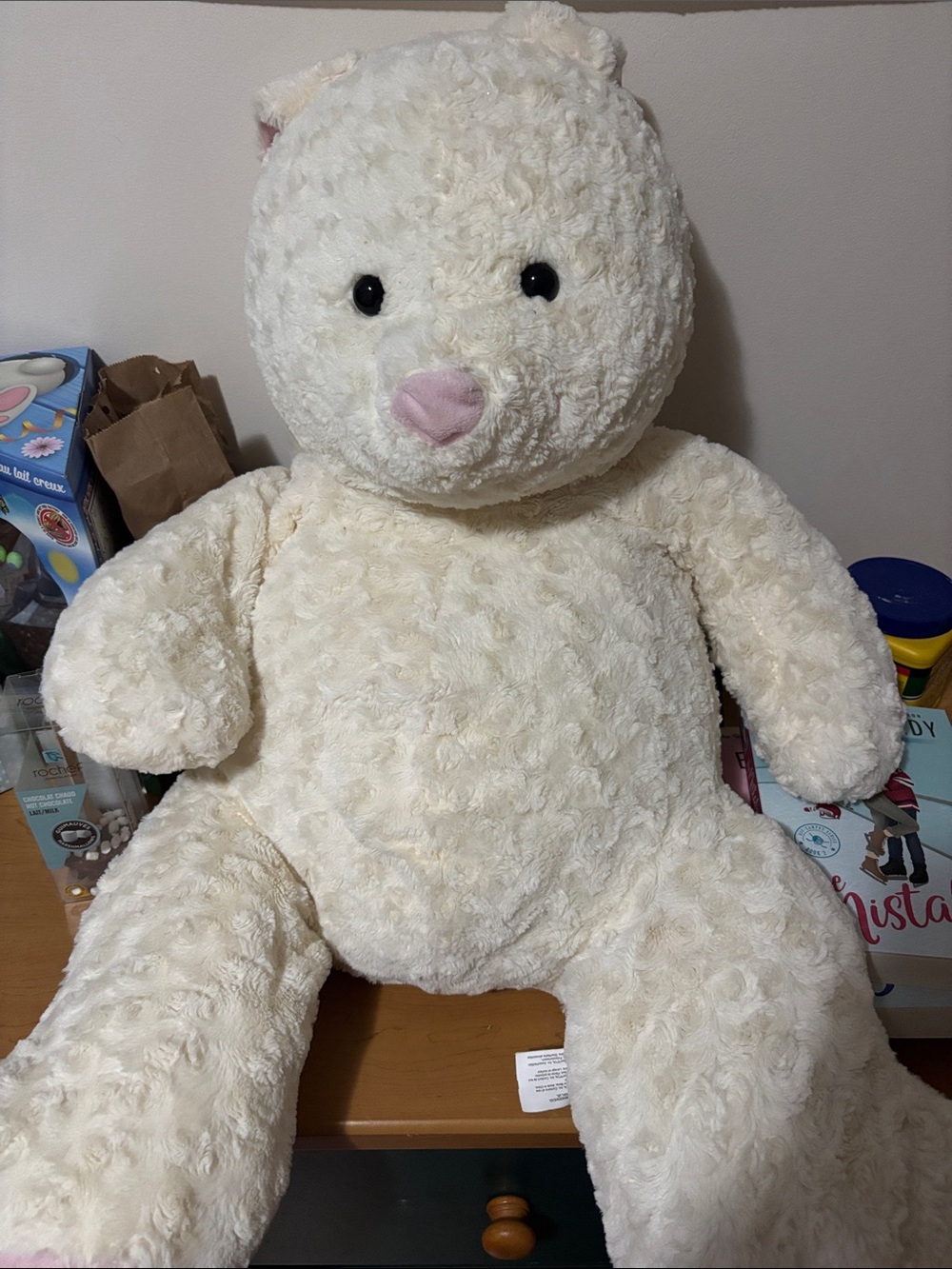 Plush Cream Teddy Bear with Pink Nose - Soft Cuddly Kids Toy